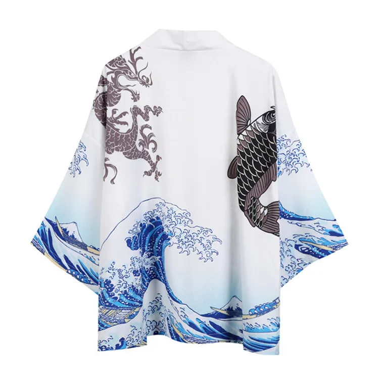 

2019 Summer New Products Japanese-style Robes Kimono Three-quarter-length Sleeve Open Lining Carp Waves Printed