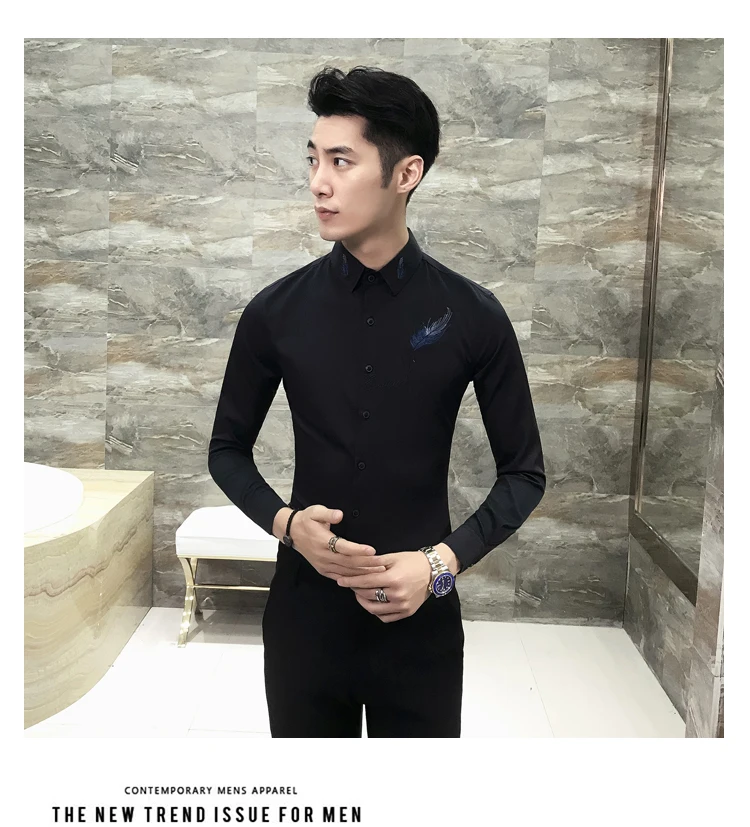 Модные мужские вечерние рубашки, мужские рубашки с длинным рукавом Camisa Social Masculina, мужские черные белые Клубные рубашки с вышивкой