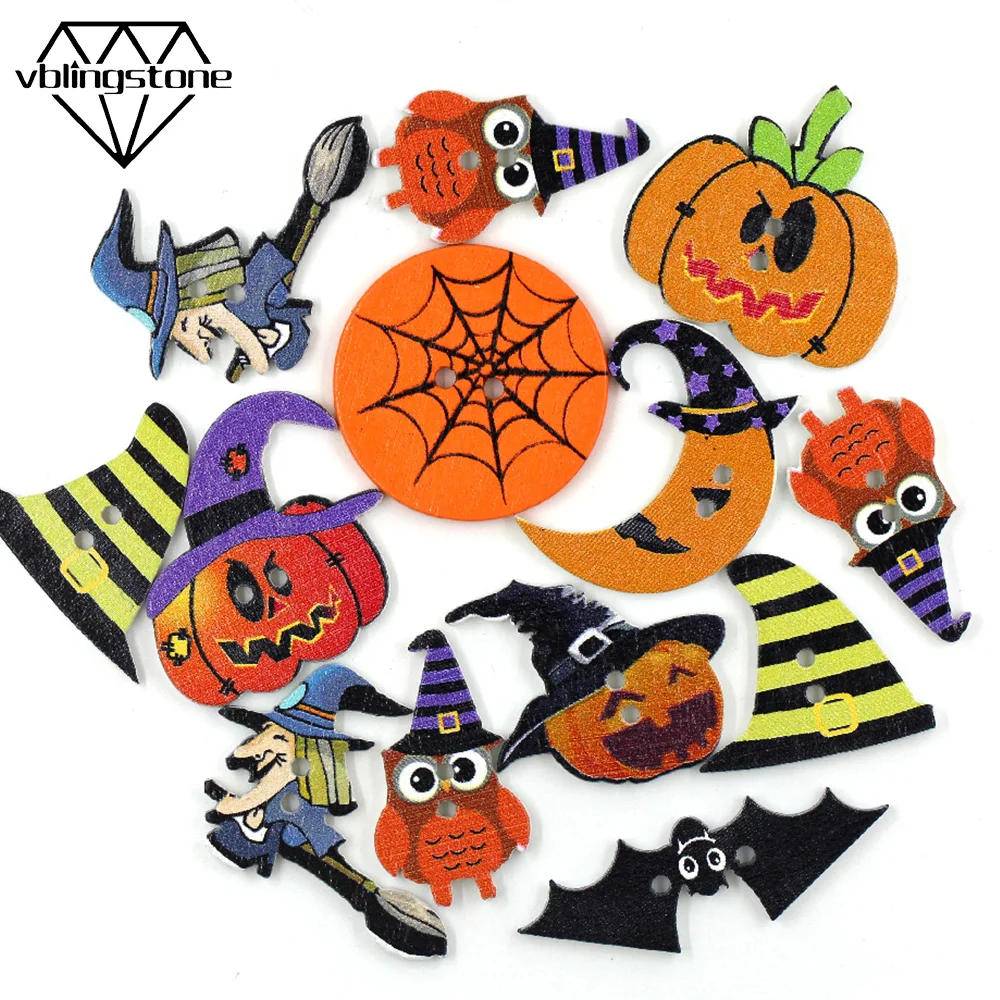 

50Pcs Cartoon Wooden Button Halloween Buttons 2-Holes Sewing Buttons For Clothing Crafts DIY Decorative Needlework Accessories