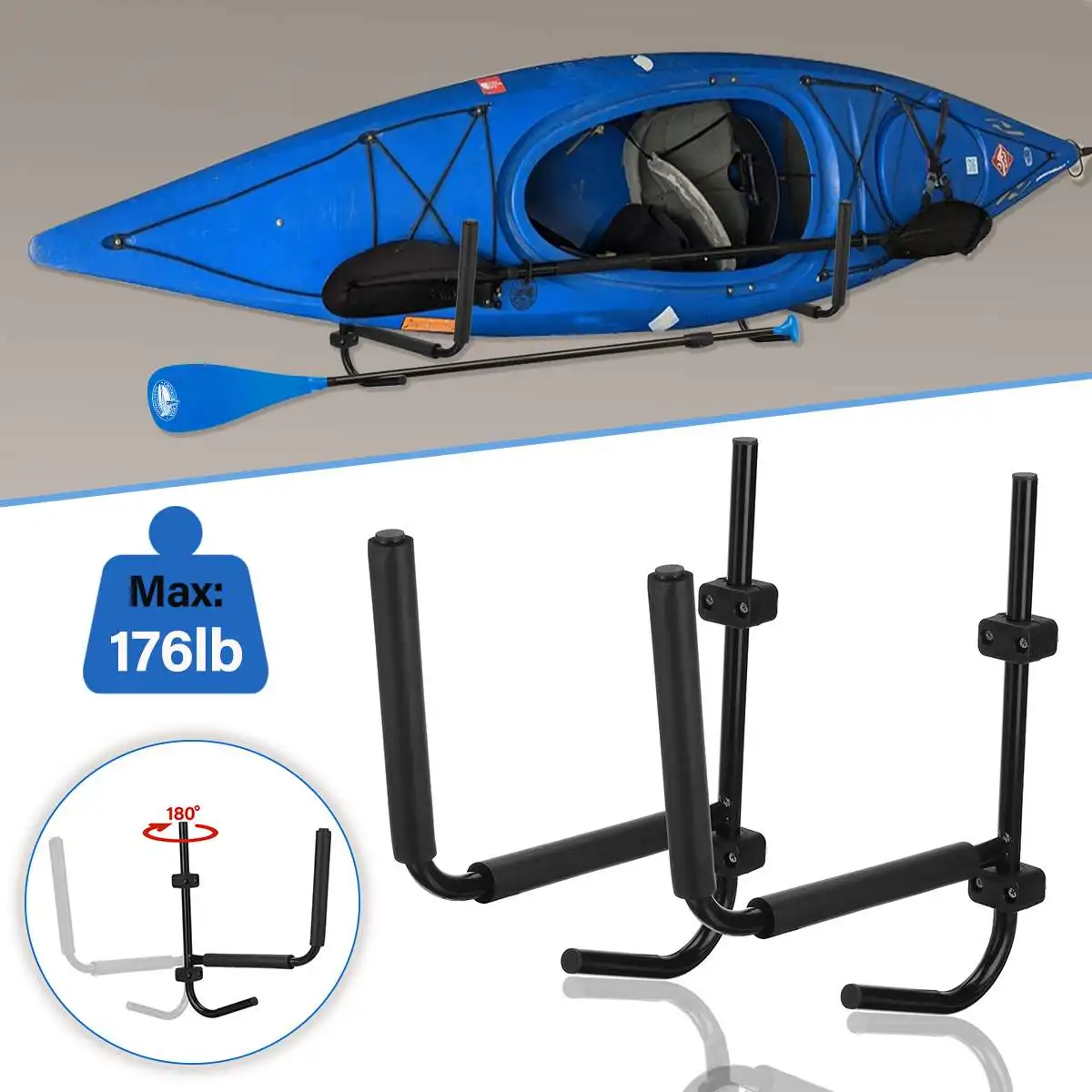 

2pc Wall Mount Kayak Storage Rack Carbon Steel Surfboard Canoe Paddleboard Snowboard Skiboard Skiboard Heavy Duty Hooks Hangers