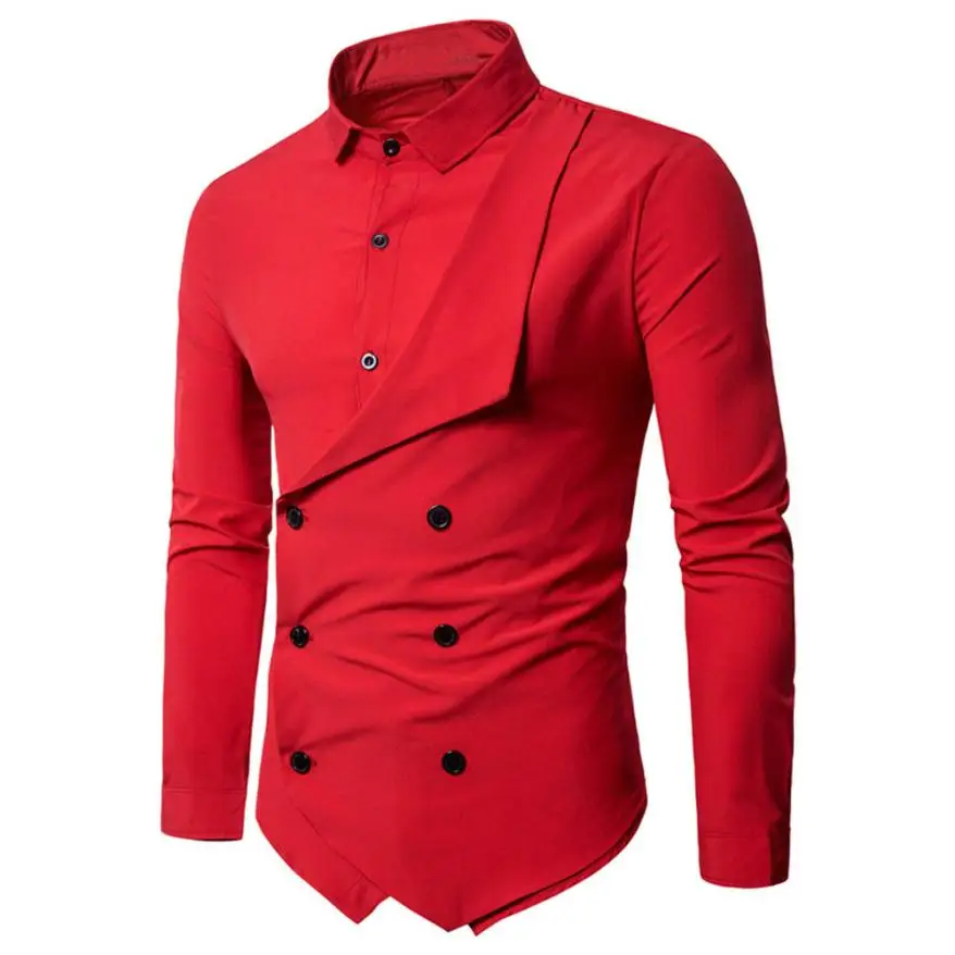 Модная мужская Повседневная тонкая Однотонная рубашка с длинными рукавами, черные, белые, красные мужские рубашки, Повседневная приталенная рубашка с длинным рукавом - Цвет: Красный