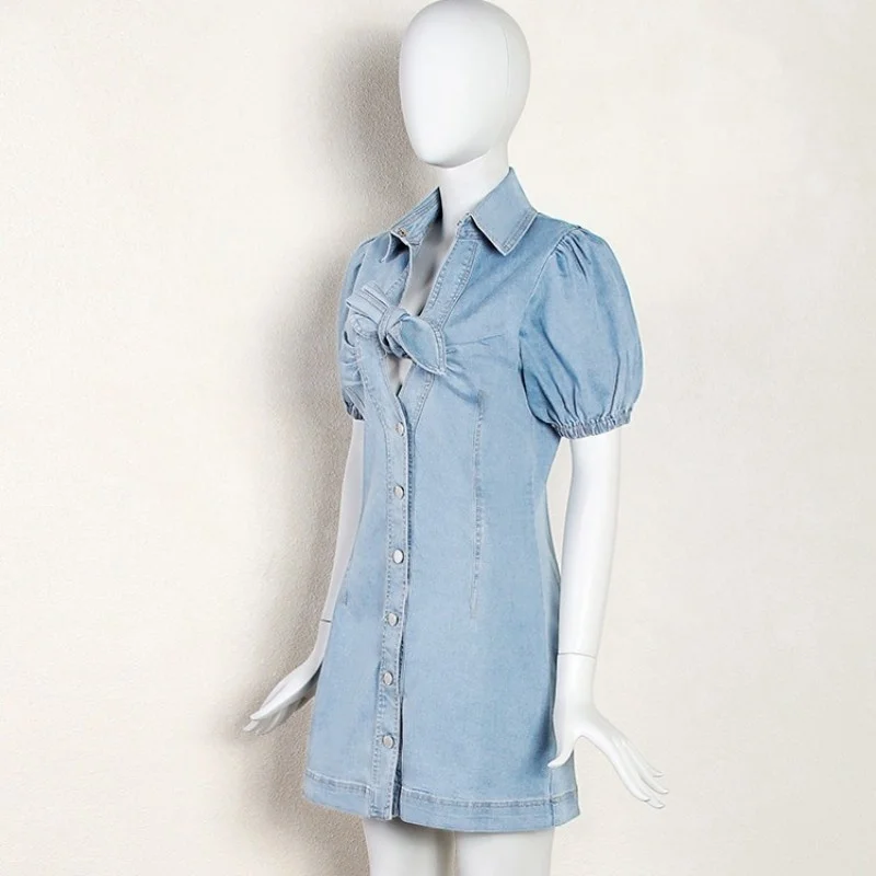 

Летнее джинсовое платье 2022, женское пикантное облегающее платье с бантом, уличное однобортное короткое платье с V-образным вырезом и высокой талией