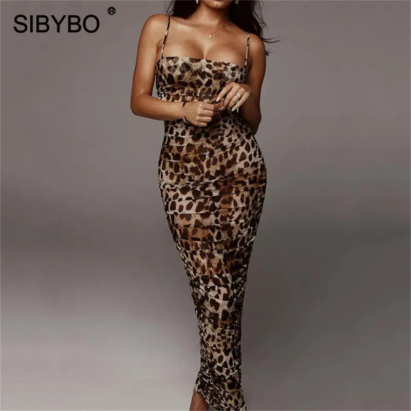 SIBYBO, змеиная кожа, Леопардовый принт, сексуальное длинное платье без бретелек на тонких бретелях, осеннее платье, женские прямые вечерние платья с открытой спиной - Цвет: Leopard