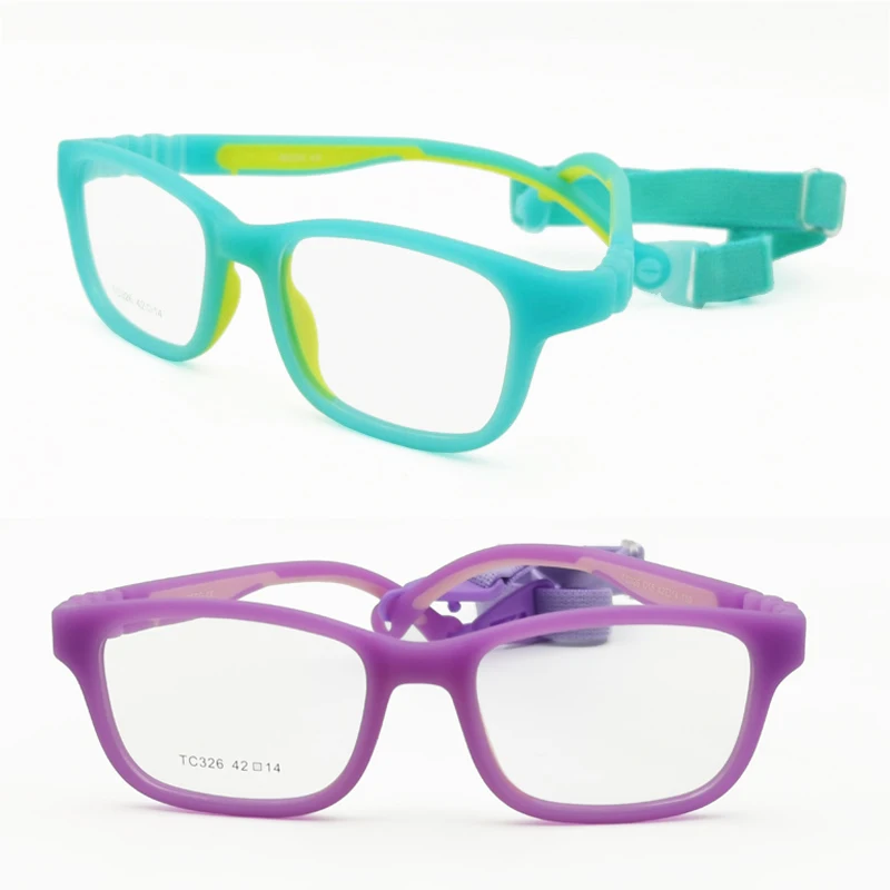 

326 high end quality flexible hingeless square TR90 environmental bicolor prescription glasses with elastic sport strap for kids