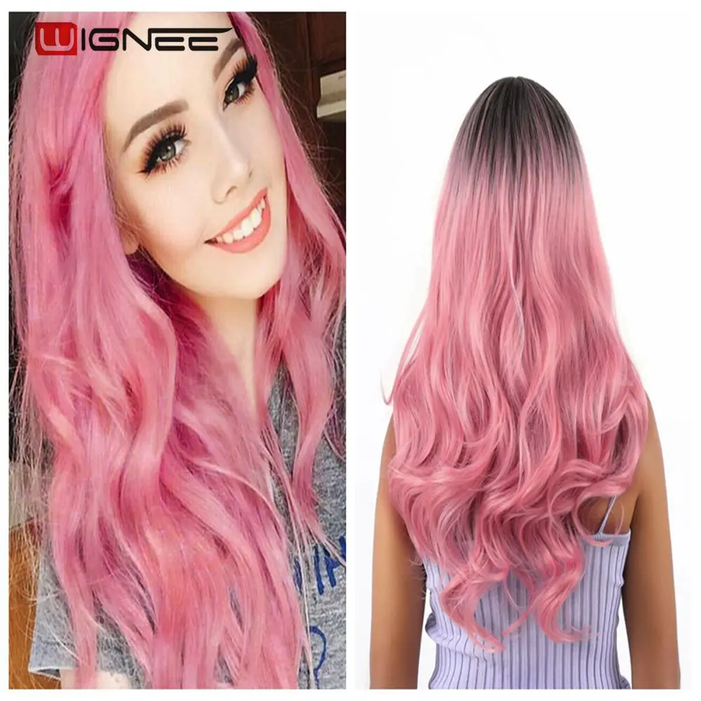 Black to Pink Wignee длинные 2 тона Омбре коричневый пепельный блонд температура Синтетические парики для черный/белый для женщин Glueless волнистые на каждый день/косплей волос парик - Цвет: Black to Pink