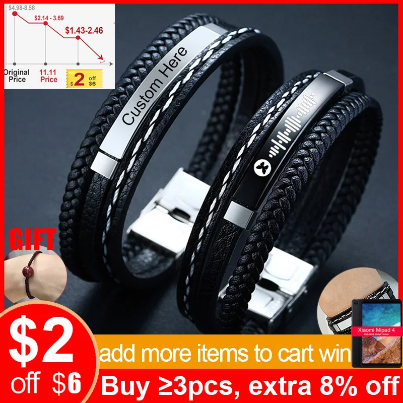 Vnox Customize Name Quotes Leather Bracelets for Men Glossy Stainless Steel Layered Braided Bangle Personalized DAD Husband Gift afbeelding