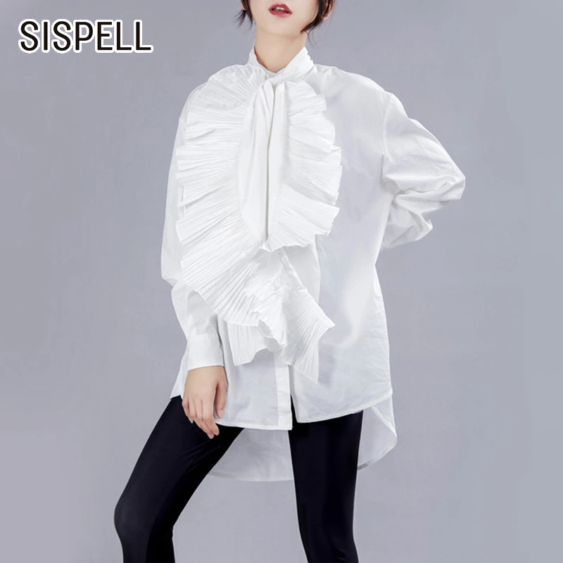 

SISPELL Casual Solid Women's Shirt Stand Collar Long Sleeve Ruffles Patchwork Ruched Summer Blouses Female 2019 Fashion New