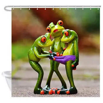 

Funny Animal Frog Shower Curtain Set, Cartoon Porcelain Frog Kids Young Premium Waterproof Fabric Bath Curtains, Bathroom Decor