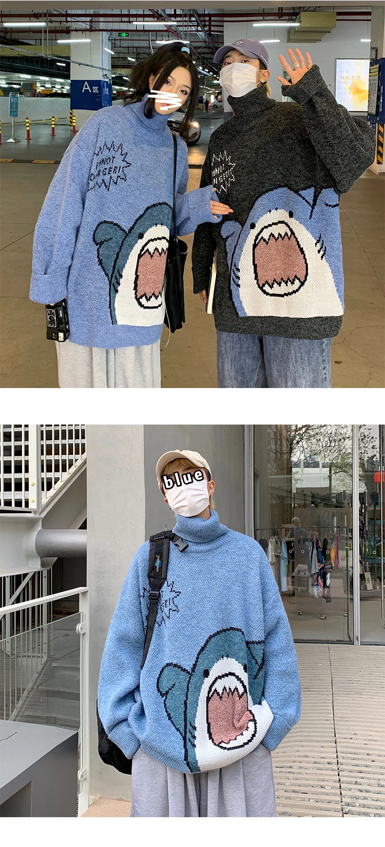 Men Turtlenecks Oversized Sweater Shark Letter JKP4765