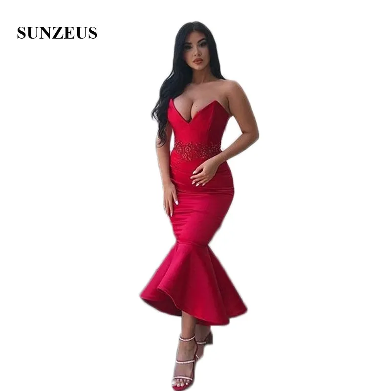 

Asymmetrical Skirt Red Formal Evening Dresses Sweetheart Tea-Length Evening Gowns Beaded Waist Dress for Party Backless