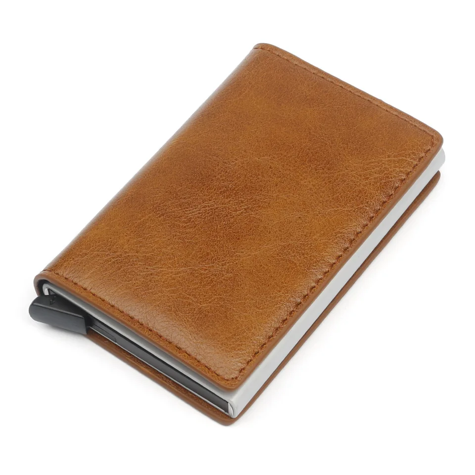 

Hand push automatic card wallet card box box men and women PU card package anti-theft aluminum business card box metal wallet