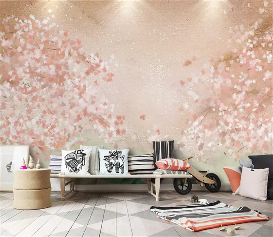 カスタム暖色子供の部屋の背景壁紙塗装水彩桜ヘラジカ壁画の壁紙ルーム 壁紙 Aliexpress