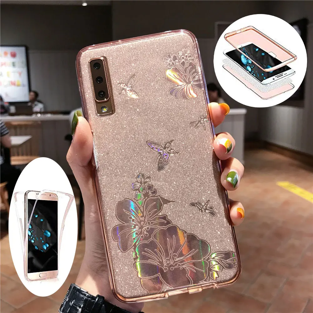 

360 Front Back Buterfly Flower Glitter Phone Cases For Samsung Galaxy A10 A20 A30 A50 A70 A10E A20E M10 M20 M30 Cover TPU Case