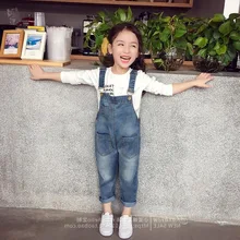 Детский жакет из денима для девочки; брюки с эффектом потертости, штаны с подтяжками 19 осенняя одежда стиль детская одежда, для детей от 3 до 8 лет