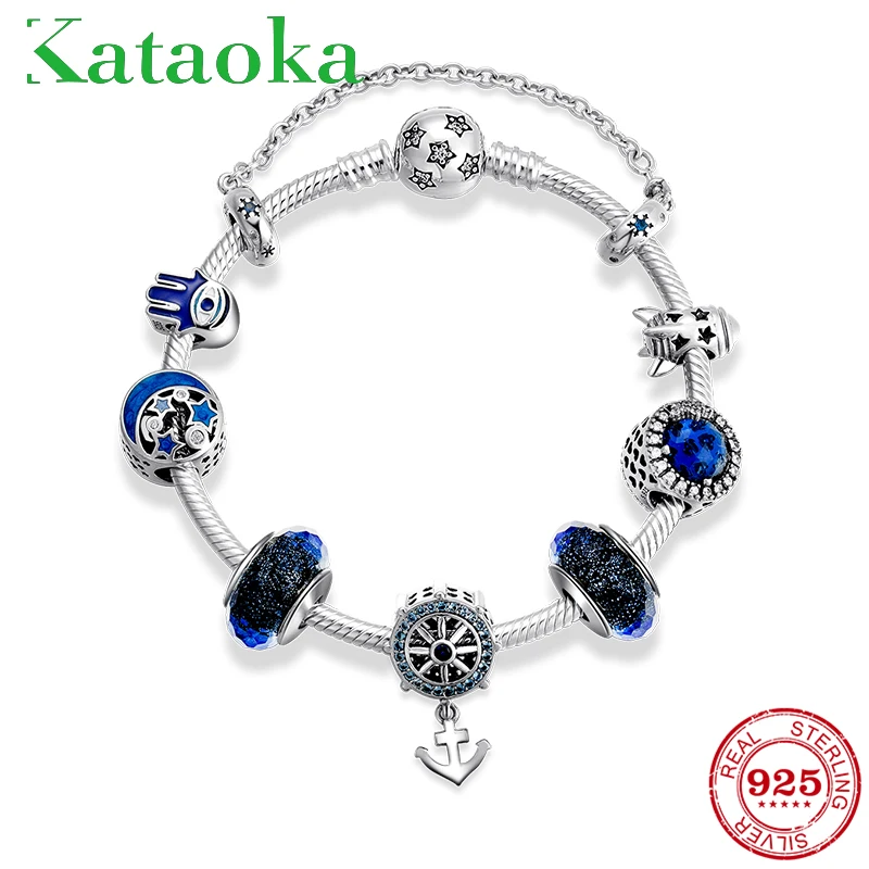 Новинка, 925 пробы, серебряные, голубые шармы, femme, бусины, браслет на цепочке, модные женские аксессуары, ювелирные изделия для женщин, браслеты, подарок для пары