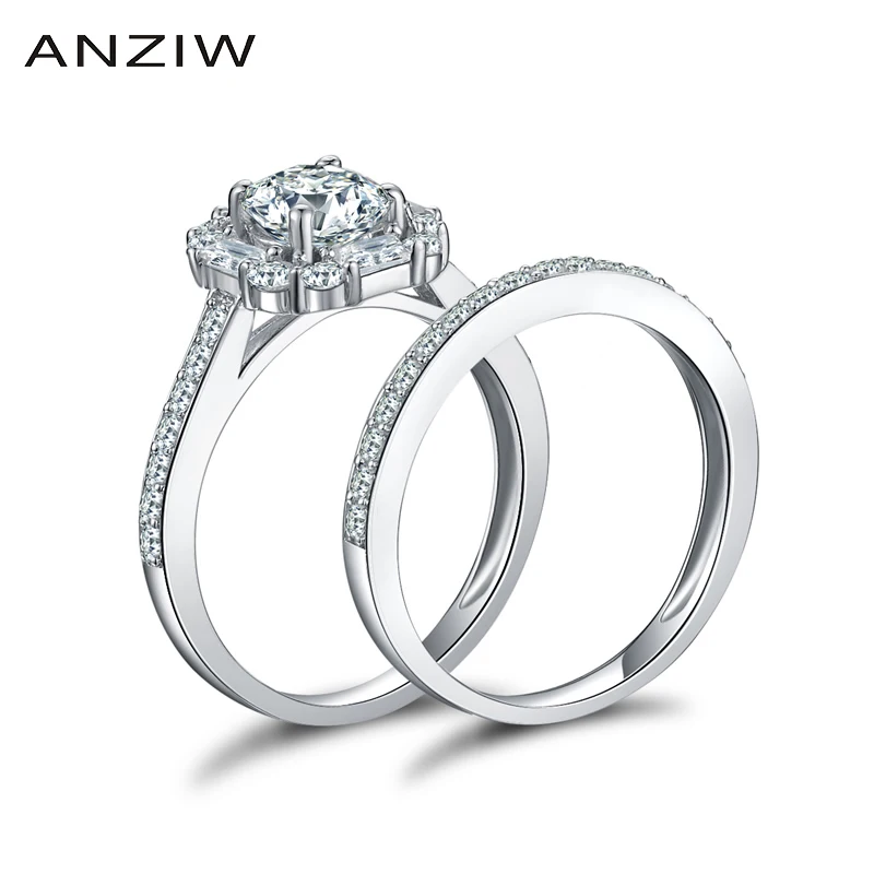 Женское кольцо с круглой огранкой ANZIW SONA Halo Setting из стерлингового серебра 925 пробы