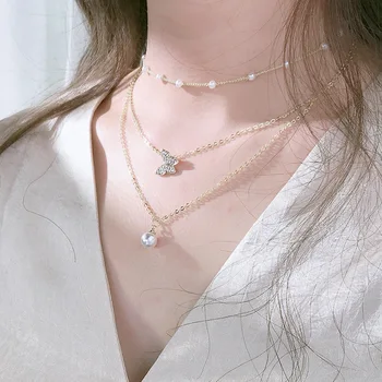 

Multilayer Butterfly Pearl Pendant Necklace Women's INS Online Celebrity Choker Fashion Elegant Versitile Fashion Normcore Style