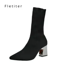 Женские вязаные эластичные сапоги-носки; Новинка года; модные женские сапоги до середины икры с острым носком на высоком каблуке; Женская эластичная пикантная обувь; Fletite