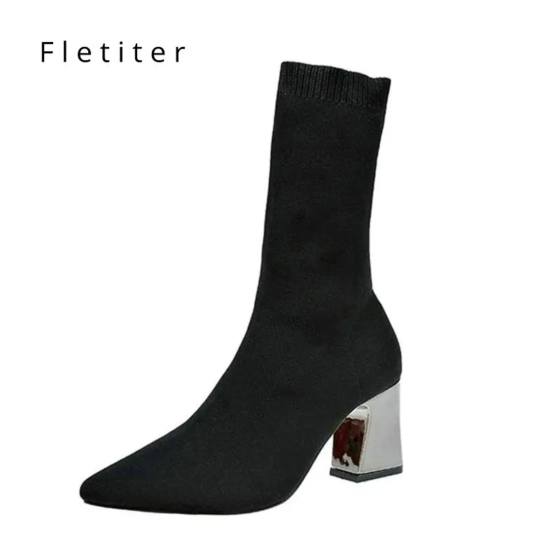 Najtaniej Damskie dziewiarskie elastyczne skarpety buty 2018 nowych moda kobiet szpiczasty nosek szpilki średnio wysokie buty z cholewami kobieta Stretch seksowne buty Fletite