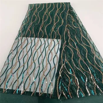

High Quality French 3D Tulle sequins green gold African Lace Fabric Sequins Embroidered Nigerian Lace Fabrics For Wowen Dress