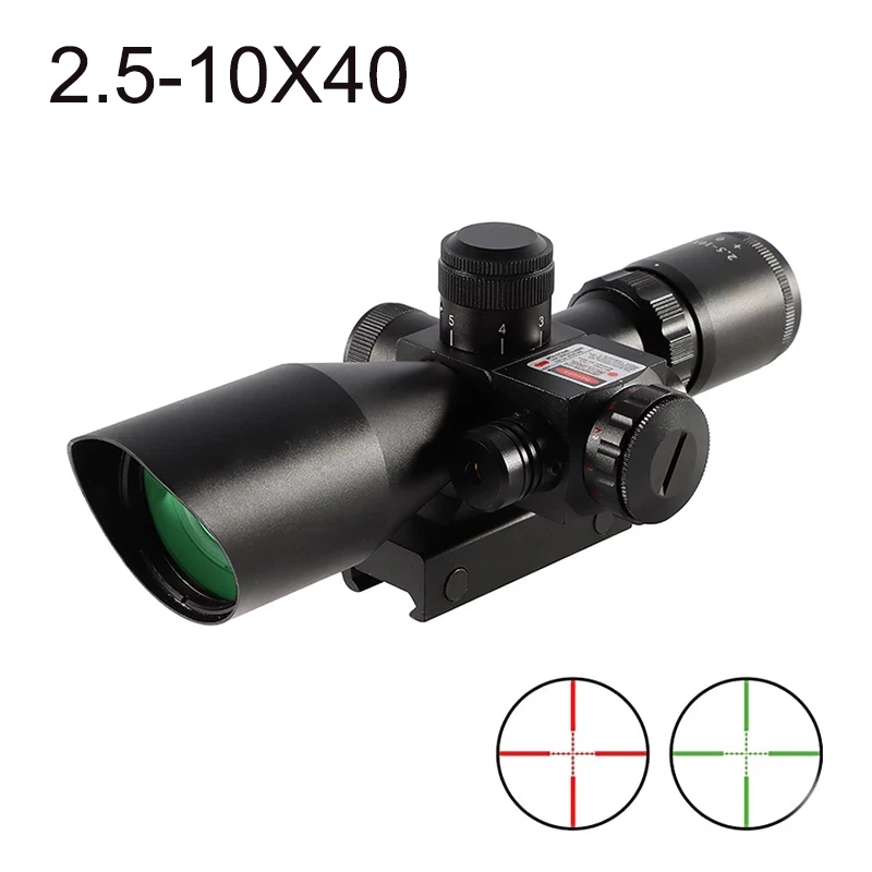 NEW 2.5-10X40 Riflescope Red Green Illuminated Tactical with Laser Scope Hunting Optics Air Gun Sight for 20mm | Спорт и развлечения