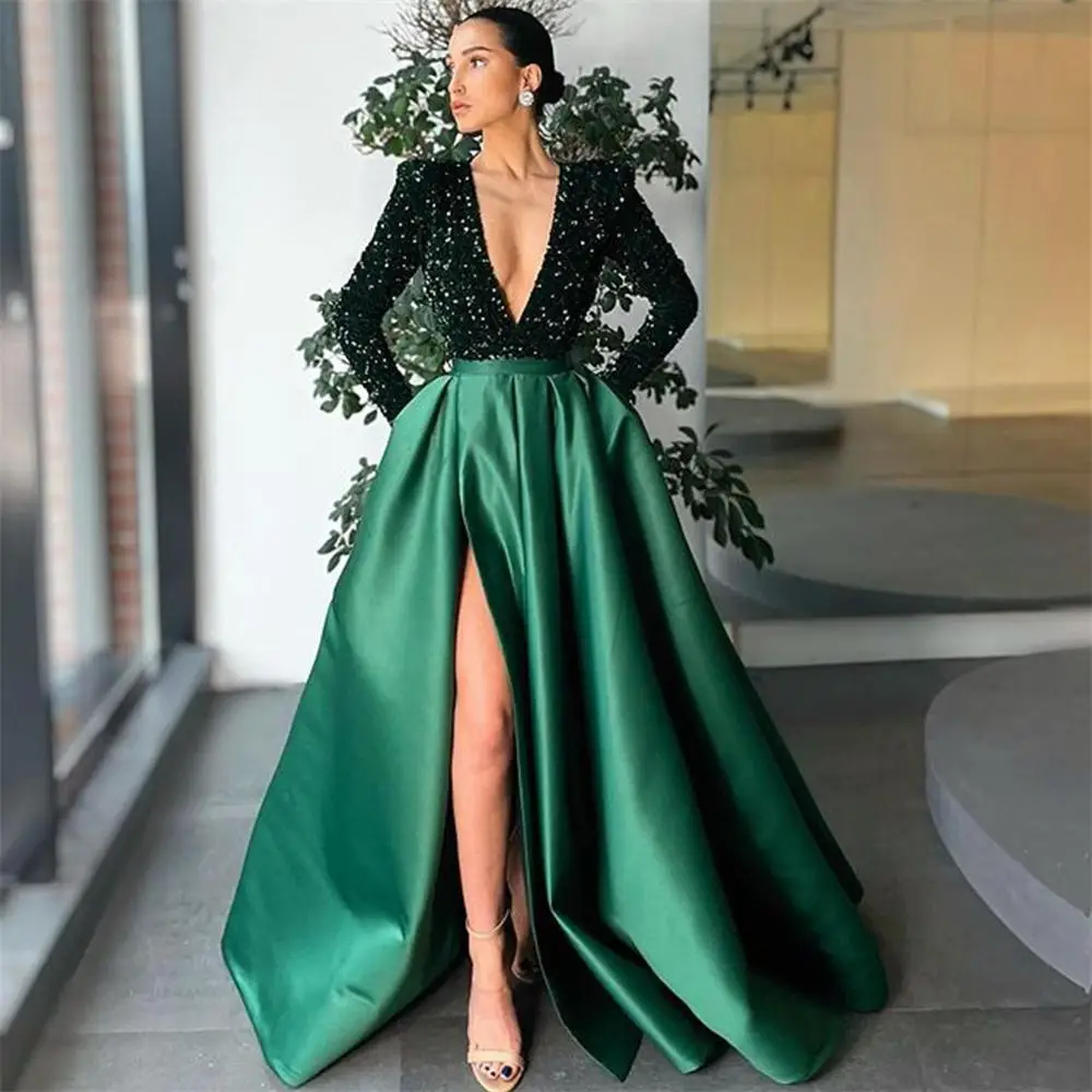 Green Satin Formal Prom Party Gowns 