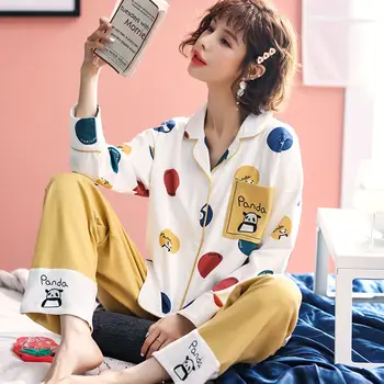 

Women Pajamas 2020 Autumn Long sleeve Pure Cotton sleepwear Sweet Cute Princess Style Outdoor Women Homewear Sleep Lounge