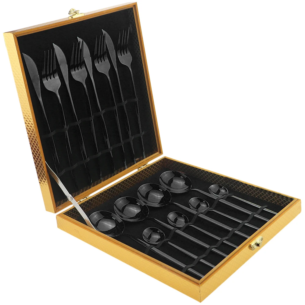 16pcHigh класса люкс черный набор посуды вилка нож ложка Набор радужных столовых приборов из нержавеющей стали набор столовых приборов с подарочной коробкой для отеля - Цвет: Black-GoldBox