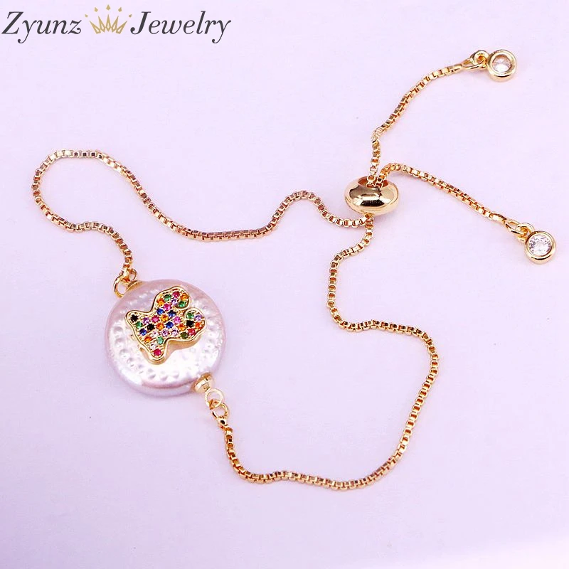 12PCS, 18-20MM Natural Pearl ＆CZ Pave Eye Hamsa Hand Star Insect Heart Shape Gold Bracelet Women Fashion Charm Bracelet Jewelry