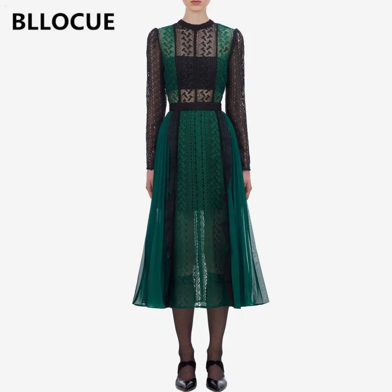 

BLLOCUE High Quality Autumn Self Portrait Runway Dress Women Green Lace Patchwork Chiffon Sexy Hollow Out Pleated Midi Dress