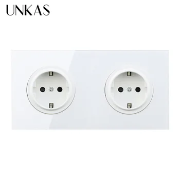 

UNKAS Crystal Tempered Pure Glass Panel 16A Double EU Standard Wall Power Socket Outlet Grounded With Child Protective Lock