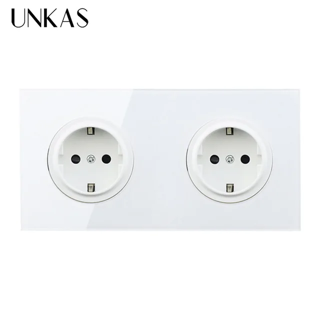 UNKAS Crystal Tempered Pure Glass Panel 16A Double EU Standard Wall Power Socket Outlet Grounded With Child Protective Lock