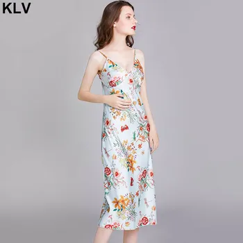 

Women Imitation Silk Cami Dress Colorful Floral Print Spaghetti Strap Nightgown Sexy V-Neck Backless Side Slit Sleepwear