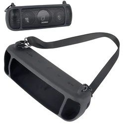 Durable Silicone Travel Case with Shoulder Strap and Carabiner for Portable Bluetooth Speaker (Black)