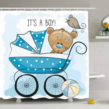 

Shower Curtain Set with Hooks 72x78 New Greeting Bear Animated Boy Baby Carriage Teddy Toy Paper Animals Babies Wildlife People