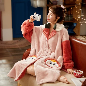 

Women Sleepwear Coral Fleece Pyjamas Winter Pajamas Loose Version Intensification Hooded Medium Style Plus Size Flannel Nighty
