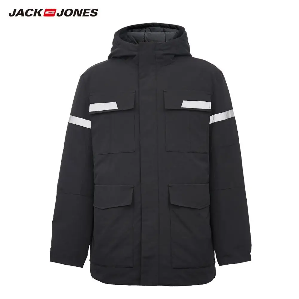 JackJones мужской зимний светоотражающий дизайн карго средней длины Теплый пуховик парка пальто мужская одежда 219312515 - Цвет: BLACK