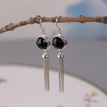 

FNJ Round Black Agate Earrings 925 Silver Original Pure S925 Sterling Silver Tassel Drop Earring for Women Jewelry