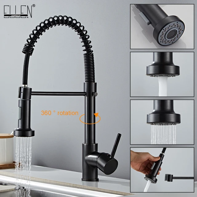 Deck Mounted Flexible Kitchen Faucets Pull Out Mixer Tap Black Hot Cold Kitchen Faucet Spring Style Deck Mounted Flexible Kitchen Faucets Pull Out Mixer Tap Black Hot Cold Kitchen Faucet Spring Style with Spray Mixers Taps E9009