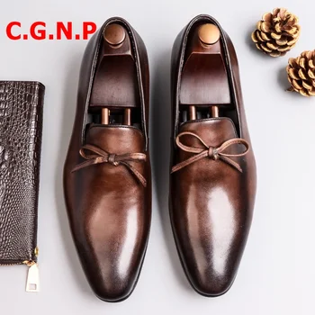 

C.G.N.P Luxury Genuine Leather Loafers Men Pointed Toe Bowtie Dress Shoes Italy Style Slip On Casual Mens Shoes Man Wedding Shoe