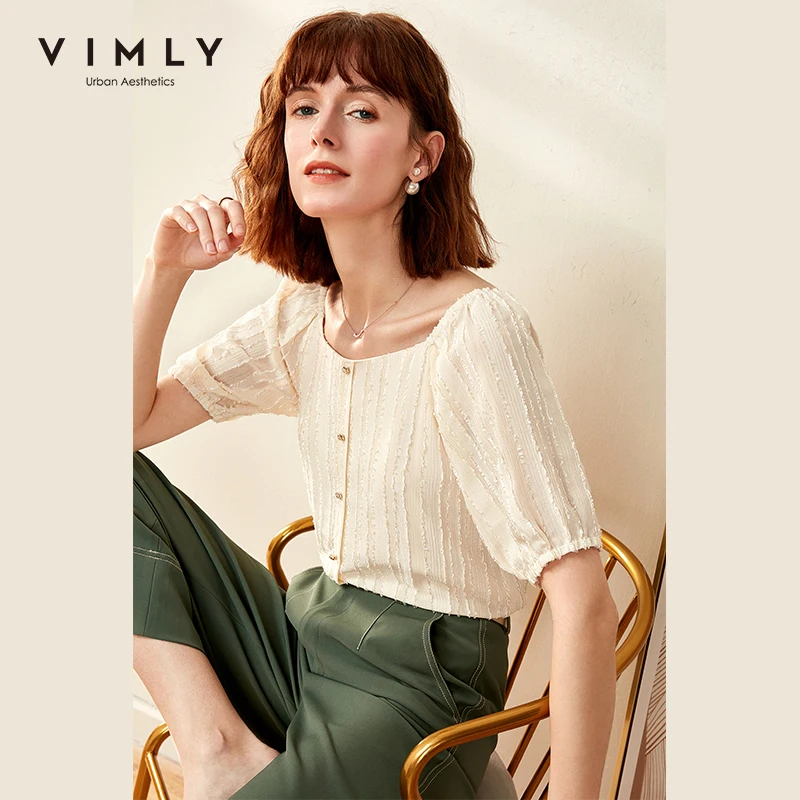 Женская офисная блузка Vimly однотонная шифоновая с квадратным вырезом и