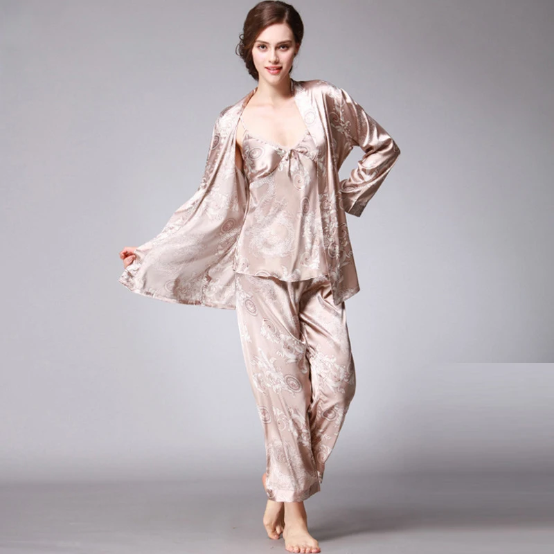 Женское шелковое летнее Сексуальное белье Pijiama атласная пижама с длинными рукавами с драконом Корейская пижама из трех предметов винная Пижама