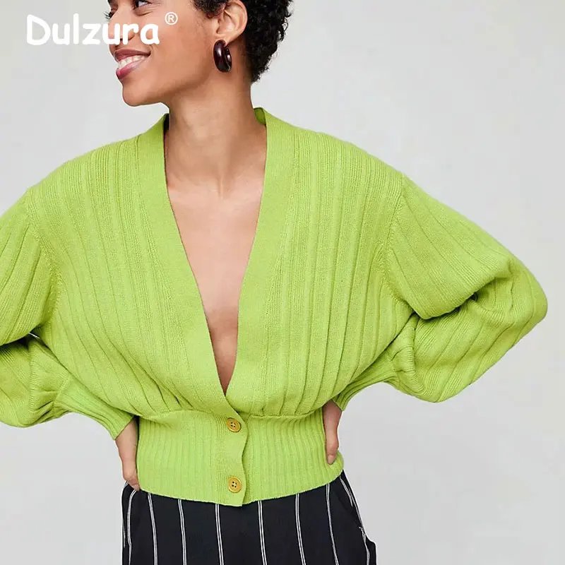 

Avocado Green Sexy V-Neck Cropped Knitted Cardigan Women Autumn Elegant Solid Lantern Sleeve Knitwear Fashion Sweater Female