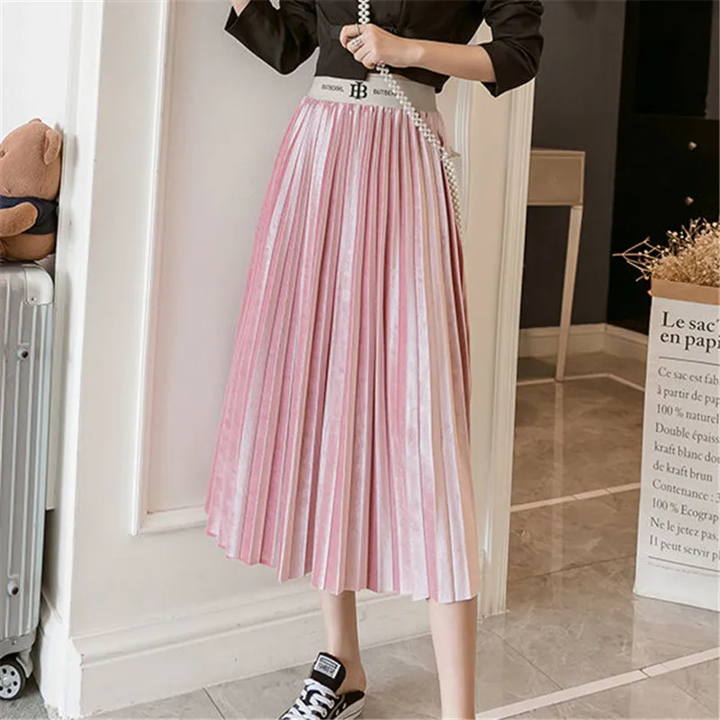 Streetwear Fashion High Waist Pleated Skirt Women Autumn Winter Midi Skirt Female Gold Velvet Long Skirt Faldas Mujer Moda