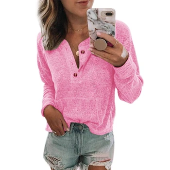 

Women V Neck Button Long Sleeve Casual Loose Sweater and Pullover Pink XL/US=12,UK=14