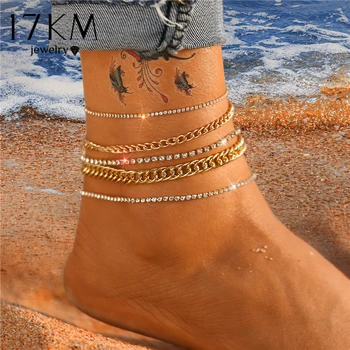 17KM Trendy Multilayered Crystal Anklets Set For Women Girls Gold Thick Chain Anklet Foot Ankle Bracelet Leg Chain Jewelry