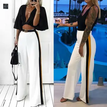 

2020 Fashion Summer Women Sports Solid White Black Casual High Waist Striped Wide Leg Long Pants Trousers