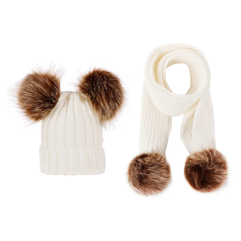 Родитель-Детские шапочки милый младенец помпон зимние наборы шарф шапка натуральный мех мяч шапки мать дети теплые вязаные шапки бини
