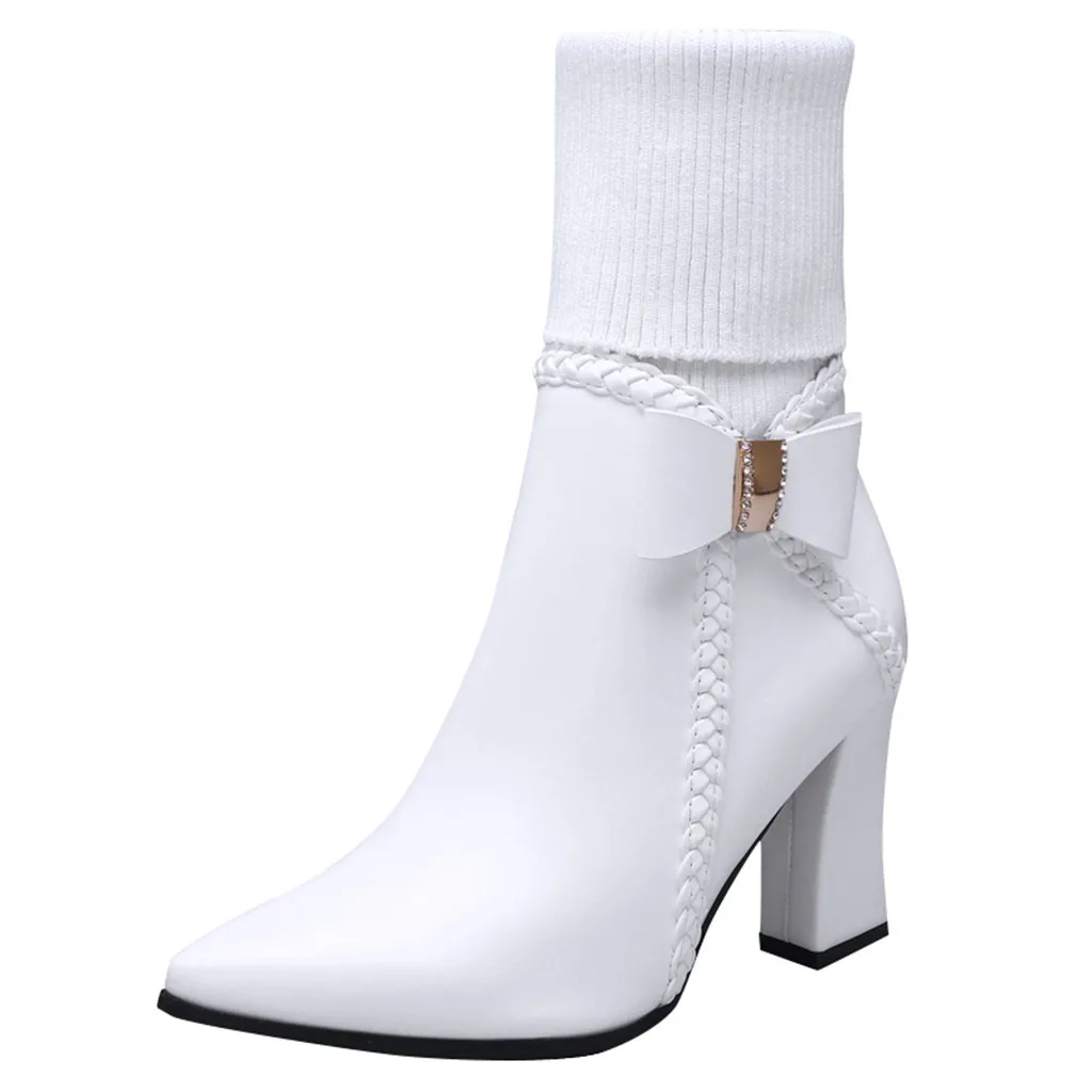 

Pointed Head Boot 2019 Winter white leather High Heel Warm Bow Wool Women's Boots square Heel Shoes Plus size 43 British Style
