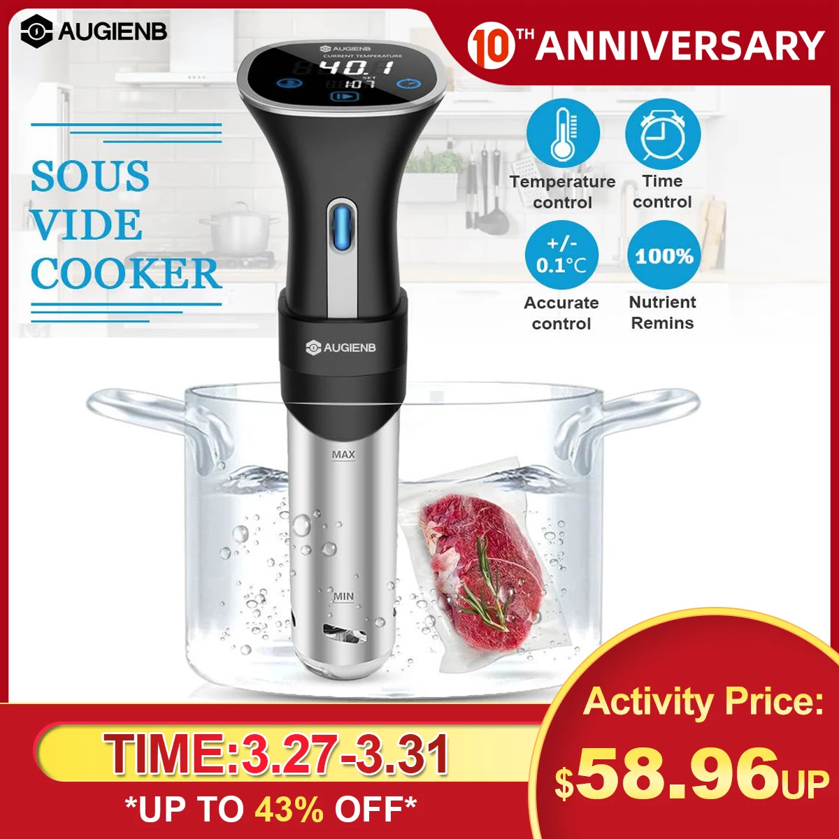 

AUGIENB Vacuum Slow Sous Vide Cooker 800W Powerful 15L Immersion Circulator Machine LCD Digital Timer Stainless Steel